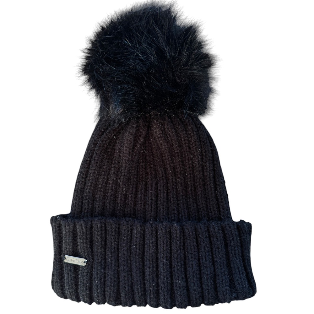 Calvin Klein Womens Black Rib Knit Beanie Faux Fur Pom Pom Winter Hat OS